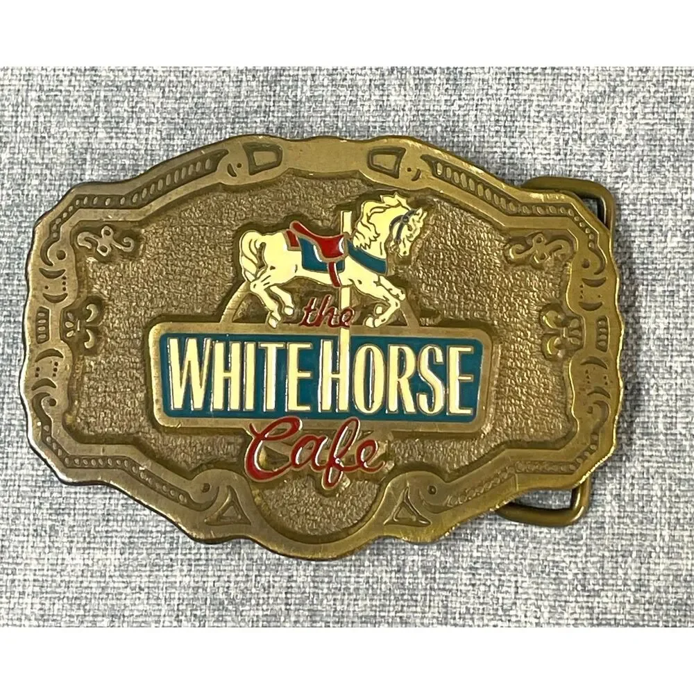Vintage 70s 80s CD Hit White Horse Cafe Horse Belt Buckle Made in USA